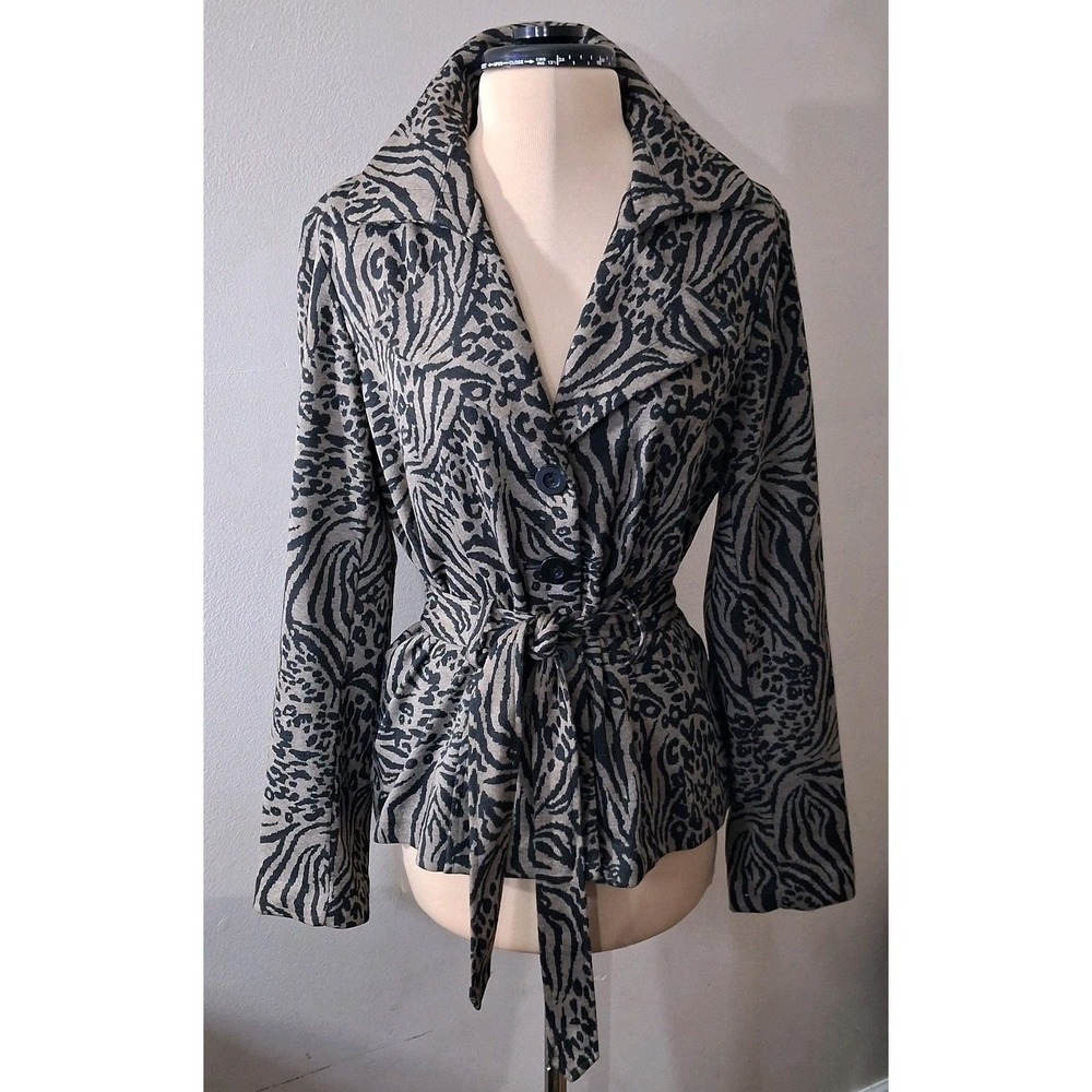 Susan Bristol Beige Black Blazer Jacket Animal Print Lined Pleated Tie Belt M